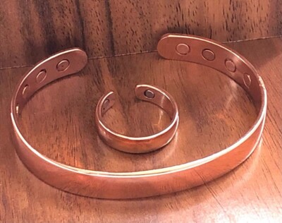 Pure Copper Magnetic Bracelet & Ring Set Dome Energy Arthritis Men Women Cuff