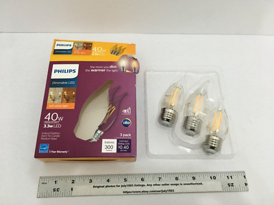 NEW Philips 3-pk 40W BA11 LED Bent Tip Filament Bulb E26 Base 2700K Dim (ob)