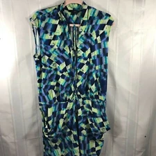Ice Blue and Green Women's Size: L Geometric Sleeveless Front 3/4 Zip Romper