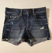 American Eagle Hi-Rise Shortie Super Stretch Womens Size 6 Cuff Distressed Blue