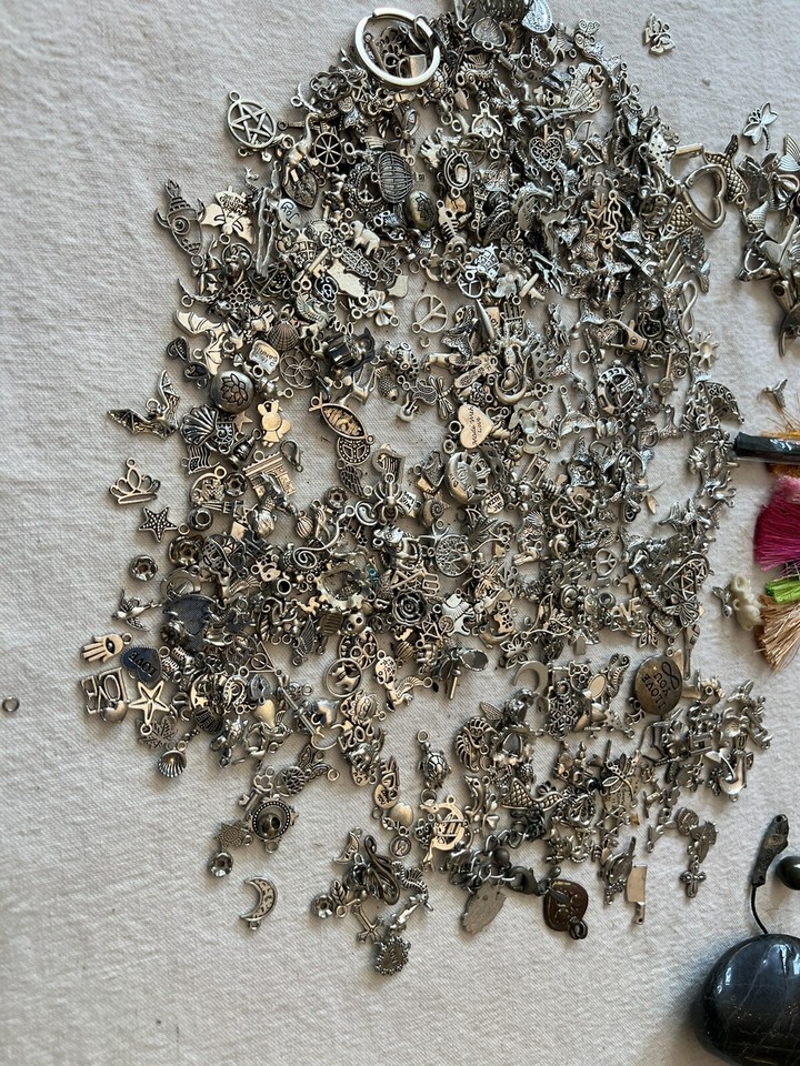 2 Lb Lot Of Jewelry Making Supplies Silver Charms Pendants Tassels