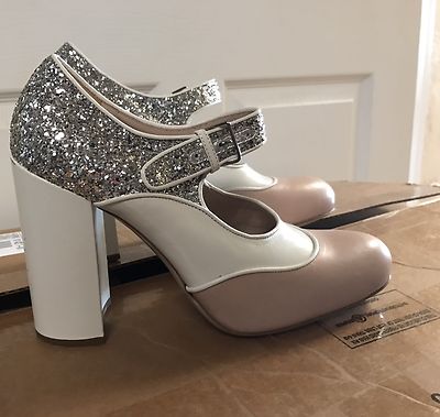 Miu Miu Prada Argento white tan womens Mary Jane Silver Glitter Pumps  - Main Image
