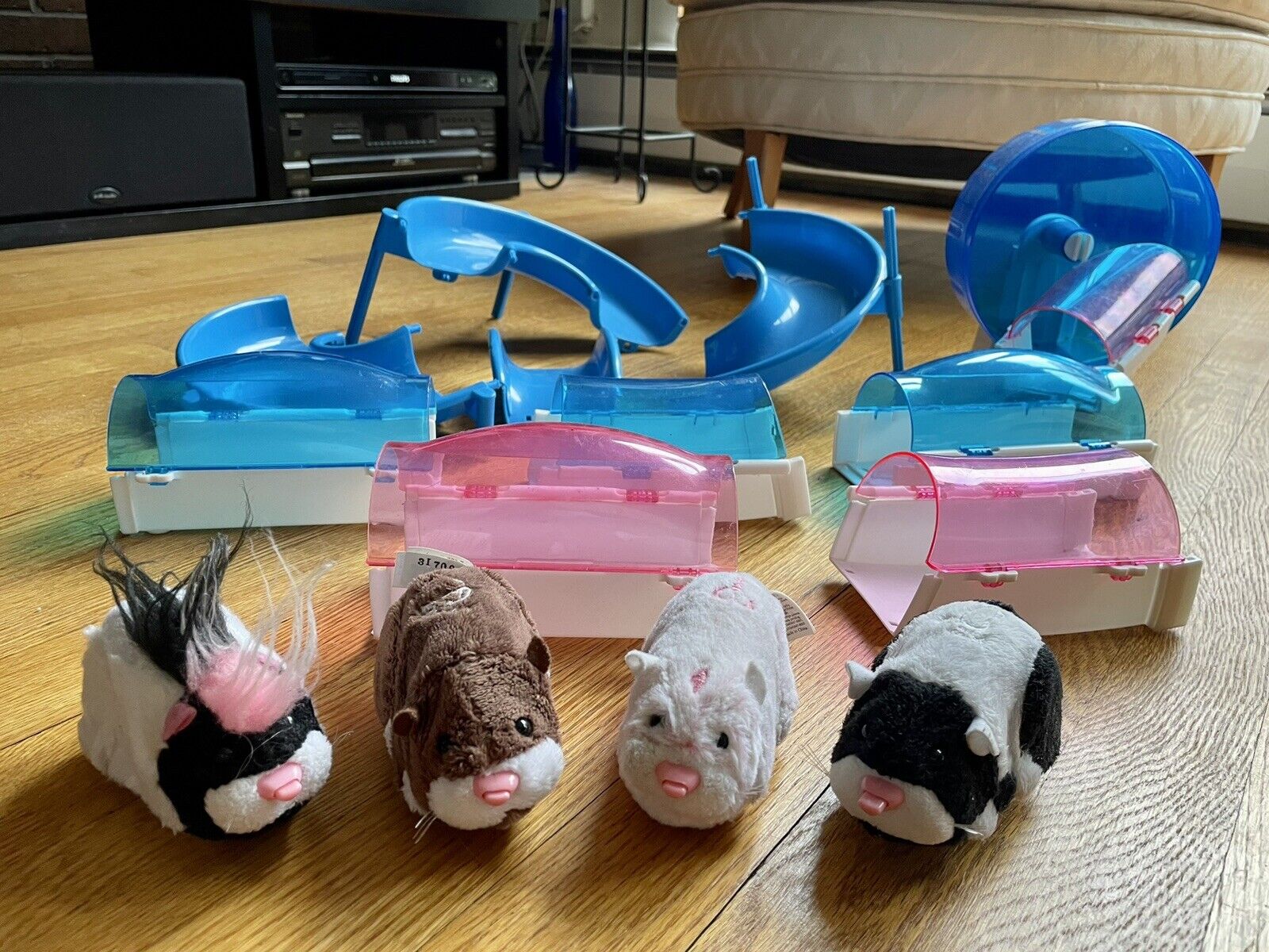Zhu Zhu Pets Lot Of 4 Toy Hamsters with tunnels, wheel, as on pics. Sold as is.