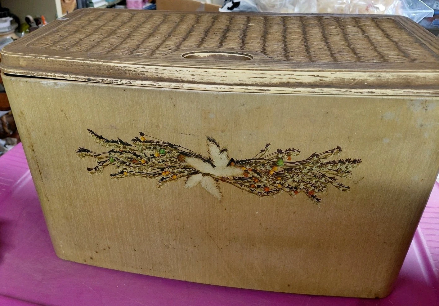 17" Metal Bread Box Vintage Woven Basket Look Door Vented Back Farmhouse Kitchen