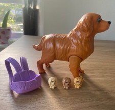 Barbie Newborn Pups Golden Retriever Dog, 3 Puppies & Purple Carrier (EUC)