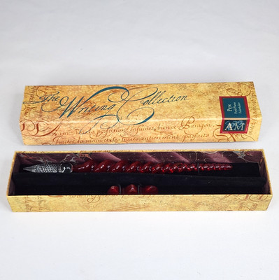 Authentic Models Hand Made Blown Glass Writing Pen Red Twist with Rest In Box