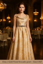 Eliza J Gold Floral Brocade Gown with Beaded Belt – Size 4 NWT