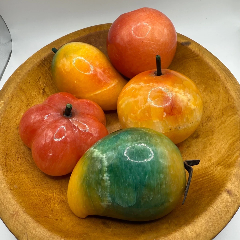 Wooden Dough Bowl with Alabaster Stone Fruit Still Life Farmhouse Decor - Image 2 of 4