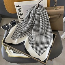 100 Silk Scarf Women White Black Houndstoo Kerchief Square Bandana Wrap 68 68cm