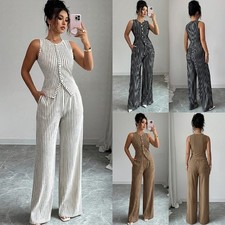 Womens Casual Tracksuit Vest Tops Wide Leg Pants Outfits Co Ord 2PCS Striped SeT