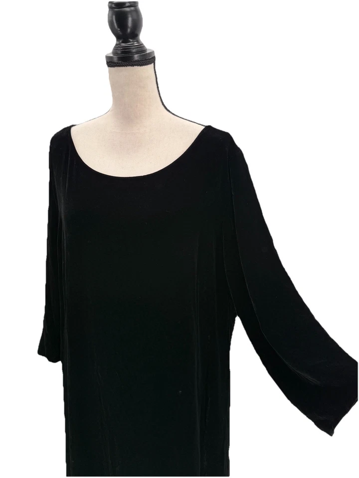 Vestido midi de terciopelo negro Eileen Fisher para mujer talla grande 2X cuello barco mangas 3/4 Foto 2 de 4