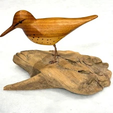 Hand Carved Butternut Sandpiper Bird Figure on Driftwood by Walter Grether 1982