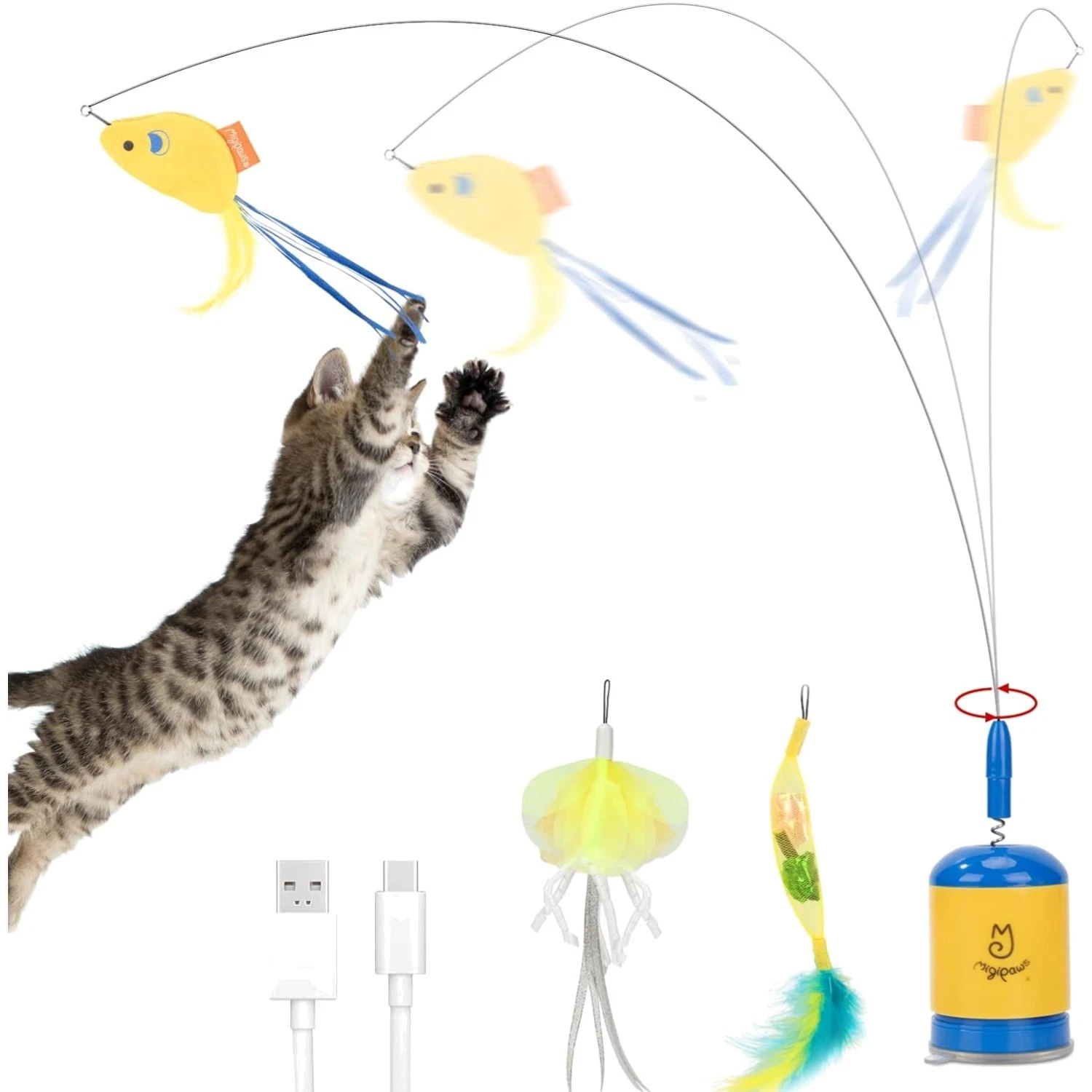 Interactive Cat Teaser Wand Toy with Suction Cup Rechargeable Exercise Toy