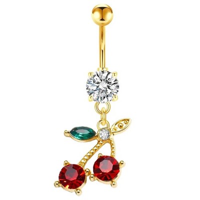 14G Stainless Steel CZ Crystal Dangling Cherry Belly Button Ring for Women Gold