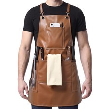 PU Leather Apron for Men, Waterproof Cross Back Chef Apron with Pockets for M...