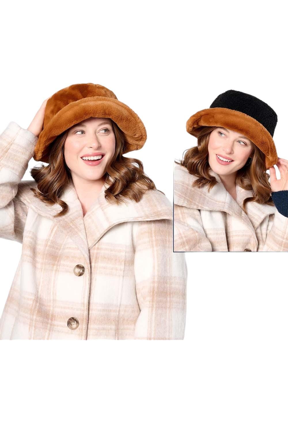 Двусторонняя шапка-панама из искусственного меха и шерпа золотисто-коричневого/черного цвета