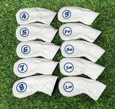 NEW 10pc Set White Soft Synthetic Leather Golf Iron Head Covers LEFT-RIGHT HAND