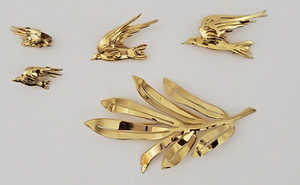 Authentic 4 piece Gold Plated Sterling Silver 3 Brooches Flying Birds Leaf Frond 4.25