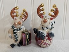 2 Reindeer Xmas Tree Ornament/Table Top Ceramic 4.5 C86 Golden Accents Excellent