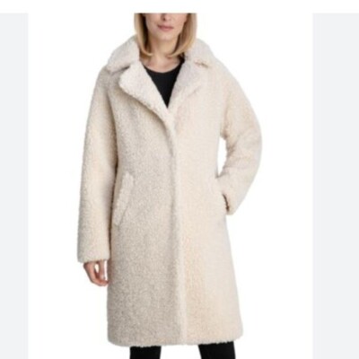 NWT BCBGeneration Women's Notch-Collar Teddy Coat Cream Off White SZ-1X