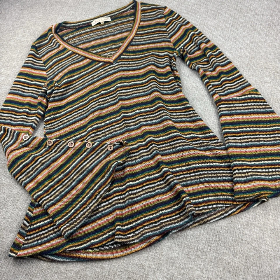 80s Vibe Sweater Women's Med Boho Hippie Flared Sleeves Striped Loose Knit - Image 2 of 4