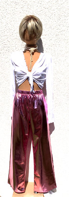Damen Super Shiny Hochglanz Metallic Schlupf Hose extra weites Bein pink Gr. XXL