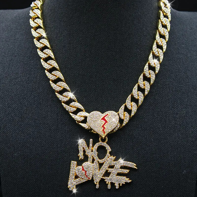 N-Made Beautifull No Love Broken Heart Iced Out Pendant Necklace for Men and Women, Hip Hop Cuban Chain 15mm Width (16 Inches, Gold 1