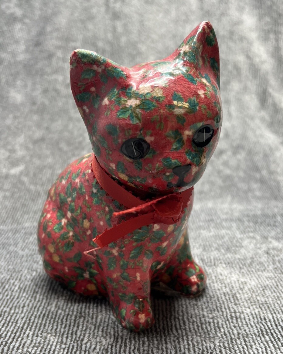 Vintage Hand-Painted Decoupage Cat Decor Collectible Figurine  