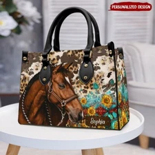 Personalized Western Floral Horse Breeds Leather Handbag, Horse Leather Handbag