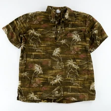 VTG Go Barefoot in Paradise Brown Fishing 3 button Hawaiian Polo Shirt Xl Tall