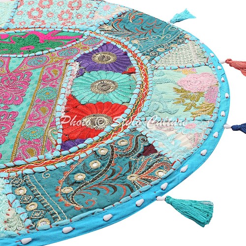 22 in Vintage Chairpad Blue Round Vintage Patchwork Floor Pillow Case Décor - Picture 3 of 6