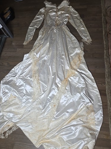 Victorian Edwardian Wedding Dress White Silk Satin Handmade Sz M Vtg Ivory Women - Picture 21 of 21