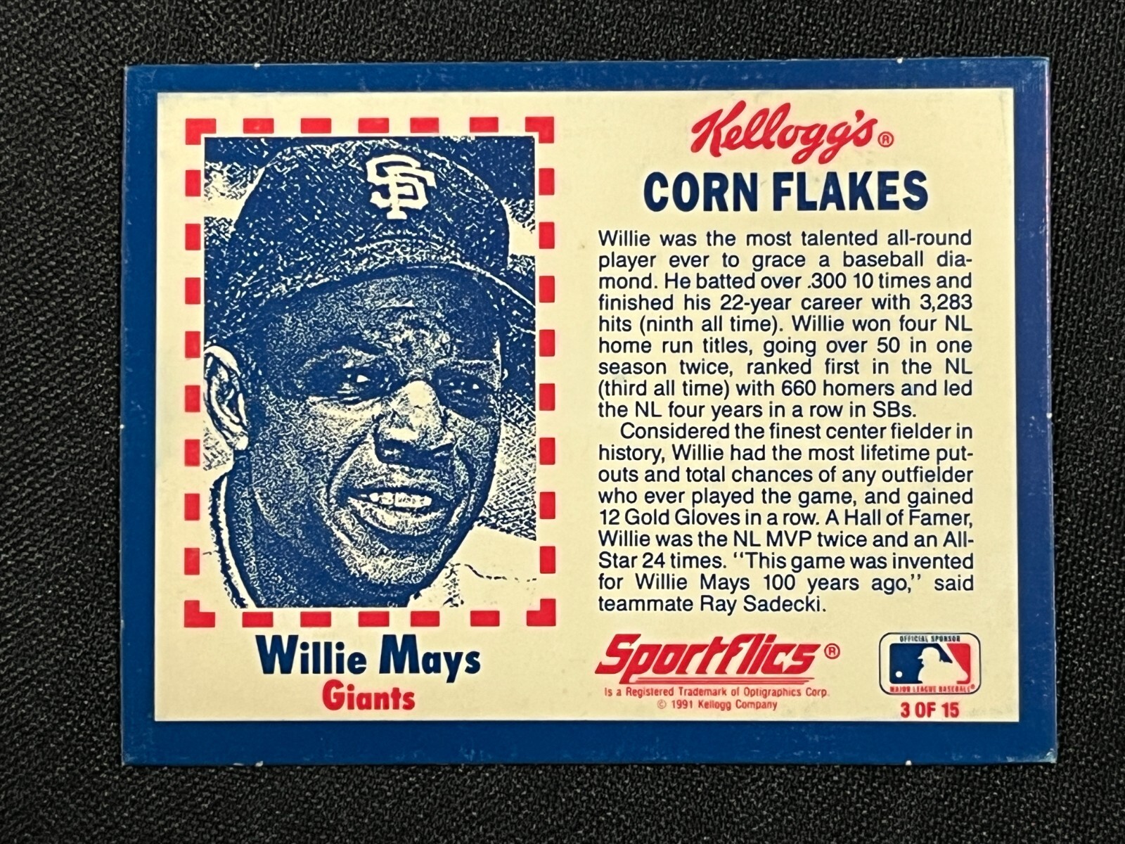 1991 Kellogs Sportflics Corn Flakes Baseball Card Willie Mays 3 KB eBay