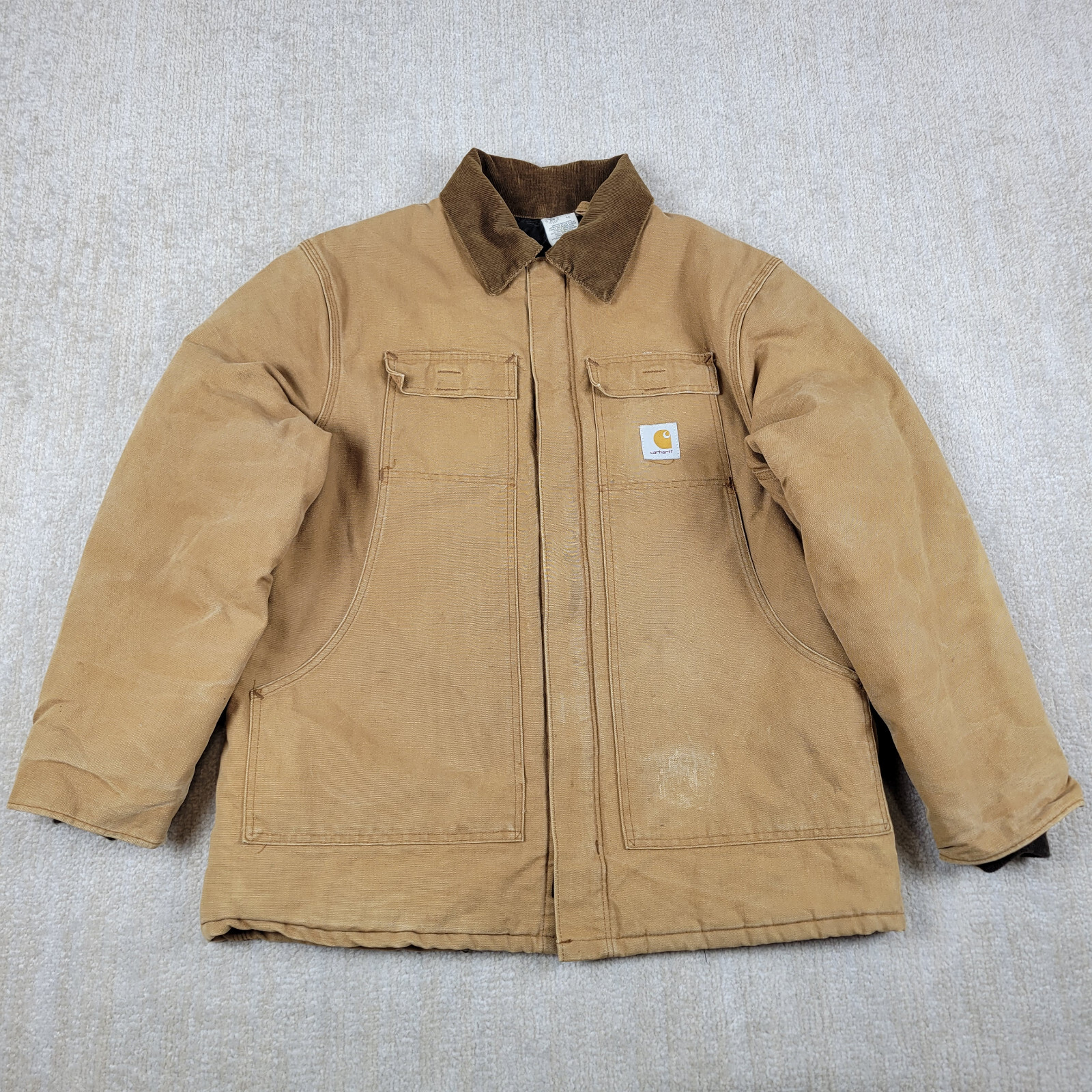 Vintage Carhartt Canvas Jacket Mens 46 Tan Quilted Lined Cordroy Collar 80s USA