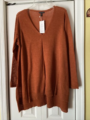 Eileen Fisher Gauzy Wool  Dobby V- Neck  Longline Rust Brown Sweater NWT Sz 2X