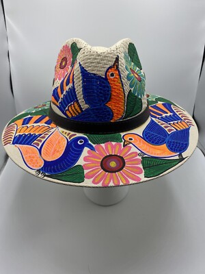 MEXICAN Artisan Hat Hand Painted Fedora Floral Birds Sombrero Panama Bohemian M