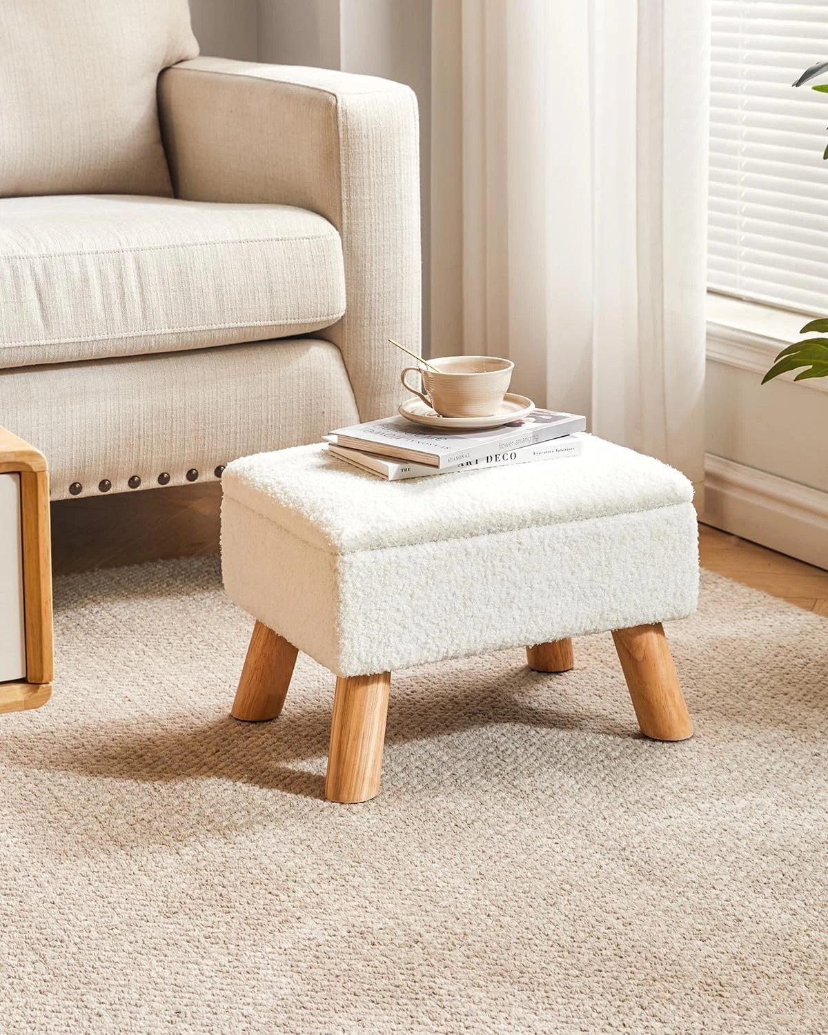 White Teddy Velvet Storage Ottoman Small Footstool Wood Legs Sturdy 300 lbs.