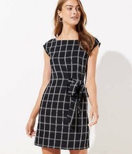 Loft Black White Windowpane Side Waist Tie Sleeveless Sheath Dress Sz 8
