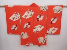 6012T02z550 Vintage Japanese Kimono Silk HAORI Plum blossom Tomato red