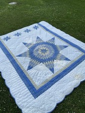 Cottage/Farmhouse Blue Cream Yellow Star Quilt Bedspread Star Patchwork Quilt