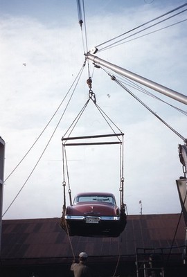 SL35 Slide 1950s Red Kodachrome Pontiac Car Hoist Ship Dock 343a
