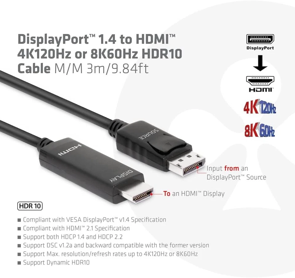 Club3D CAC-1087 DisplayPort 1.4 to HDMI 4K120Hz or 8K60Hz HDR10 Cable 3 m M/M - Image 4 of 4