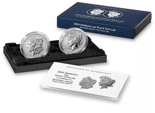 2024-S Reverse Proof $1 Morgan and Peace Silver Dollar 2pc Set Box w/ OGP - A821