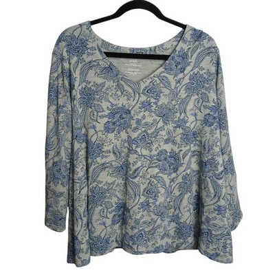 Pure Jill J. Jill Top 2X Blue Floral Paisley Organically Grown Cotton V-Neck 
