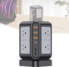 Expand Vertical Plug  Socket Power Station 8 US Plug 3 USB-A 1 USB-C - WHITE