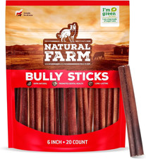 Natural Farm Odor-Free Bully Sticks 6 Inch, 20 Pack , 100 Beef Chews for Pups,