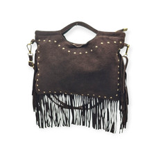 Borsa Donna Suede Frange Borchie Scuro Tracolla Vera Pelle Stile Boho Ch