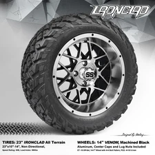 4x GOLF CART 14"x7" MACHINED VENOM WHEELS and 23"x10"-14" IRONCLAD A/T TIRES