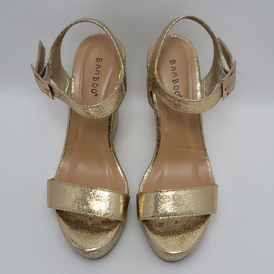Sandalia dorada metálica punta redonda correa tobillo tacón cuña alto plataforma bambú talla 8 Foto 4 de 4