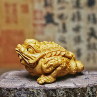 Wooden Carved Three-legged Golden Toad Mascot Statue Chinese Frog